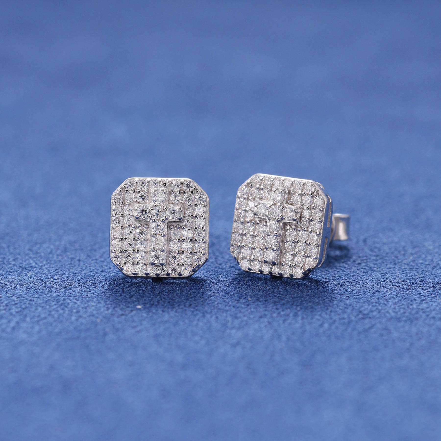 MOISSANITE ICED CROSS STUDS- 925 SILVER - VVS1