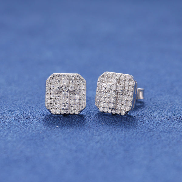 MOISSANITE ICED CROSS STUDS- 925 SILVER - VVS1