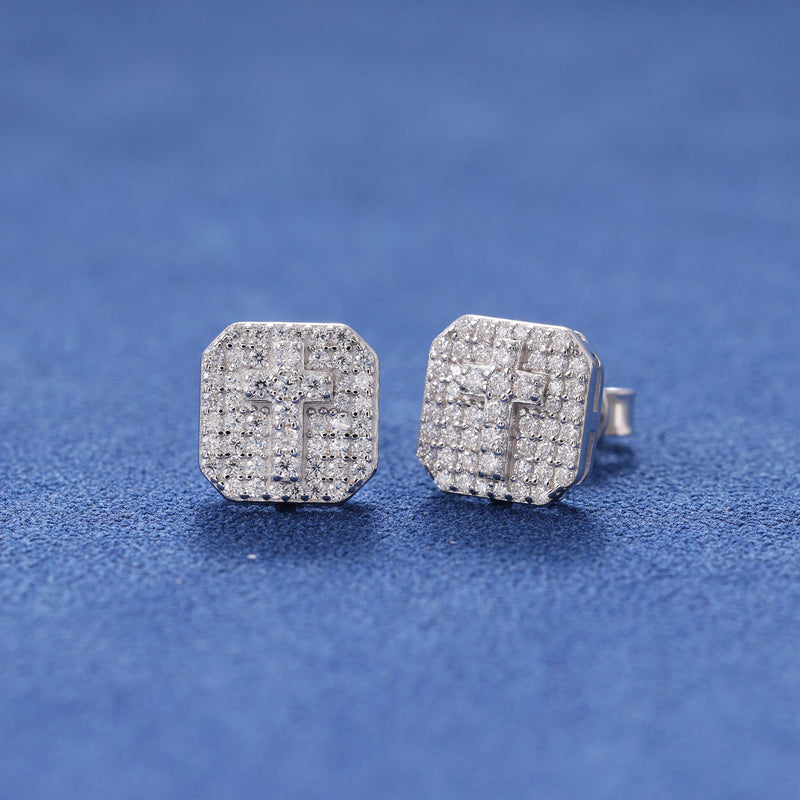 MOISSANITE ICED CROSS STUDS- 925 SILVER - VVS1