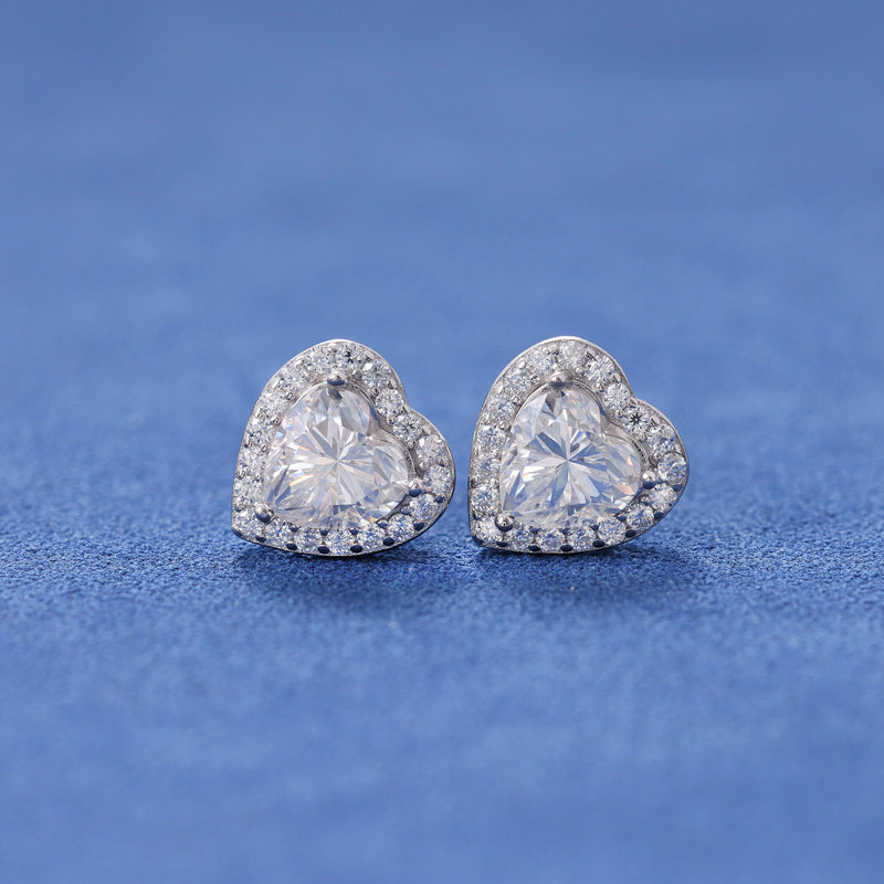 MOISSANITE ICED HEART STUDS- 925 SILVER - VVS1