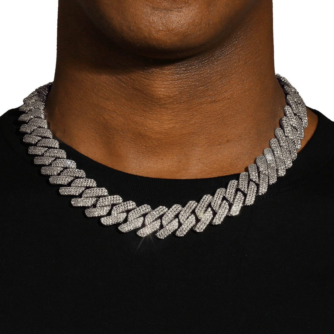 20MM DIAMOND PRONG LINK CHAIN - SILVER PLATED