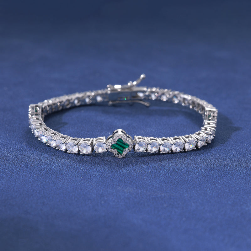 GREEN MOTIF TENNIS BRACELET - SILVER PLATED