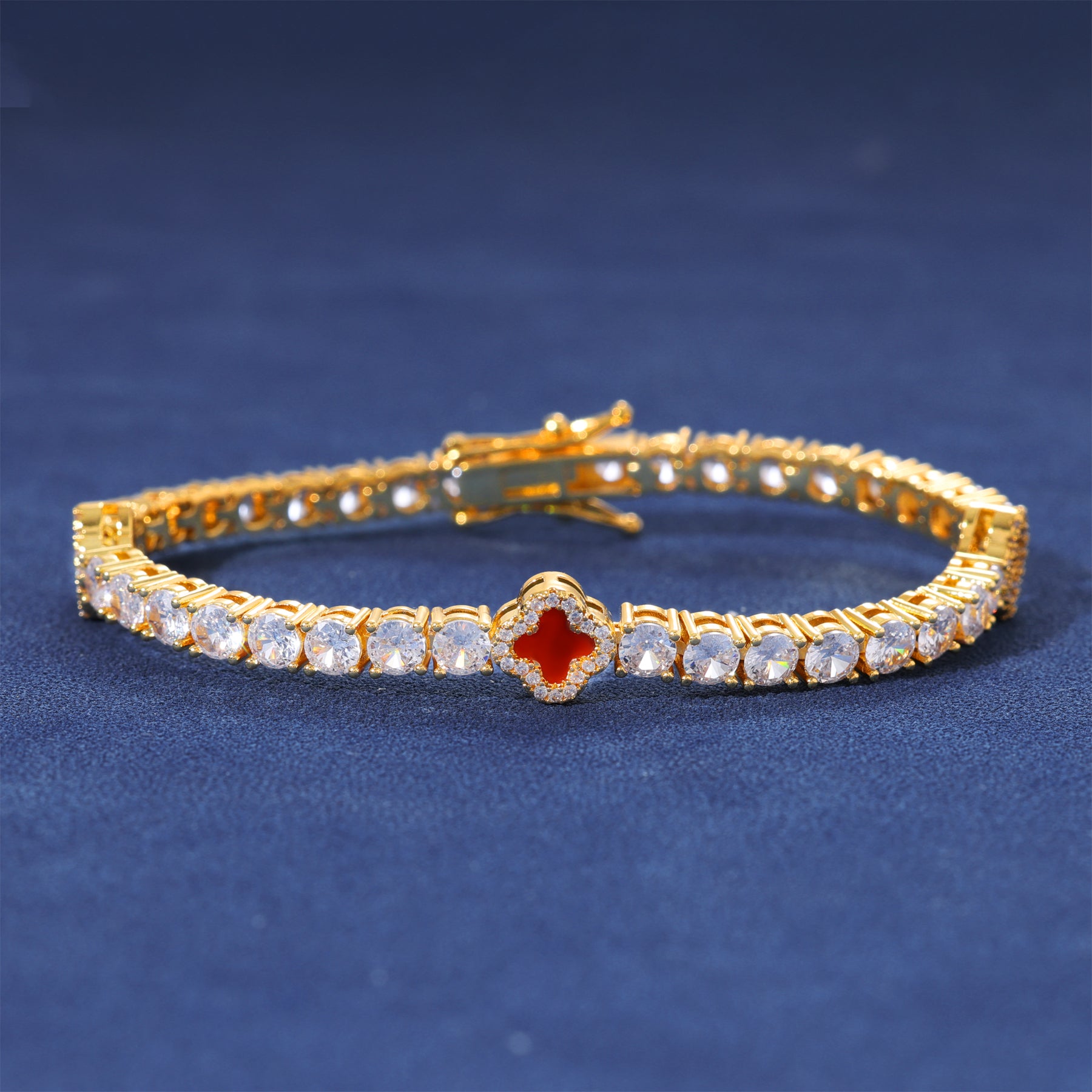 RED MOTIF TENNIS BRACELET - GOLD PLATED