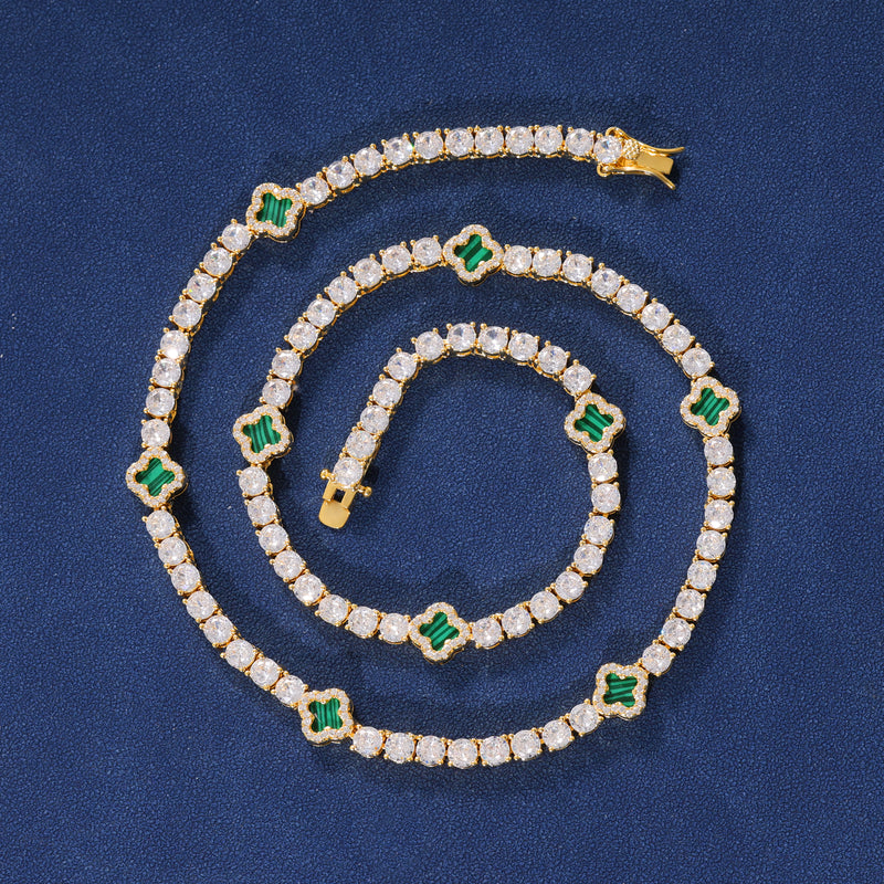 GREEN MOTIF TENNIS CHAIN - GOLD PLATED